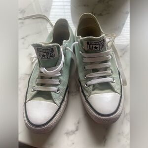 D - Classic converses in a fun, mint color. Size 7 women's, Size 5 men's